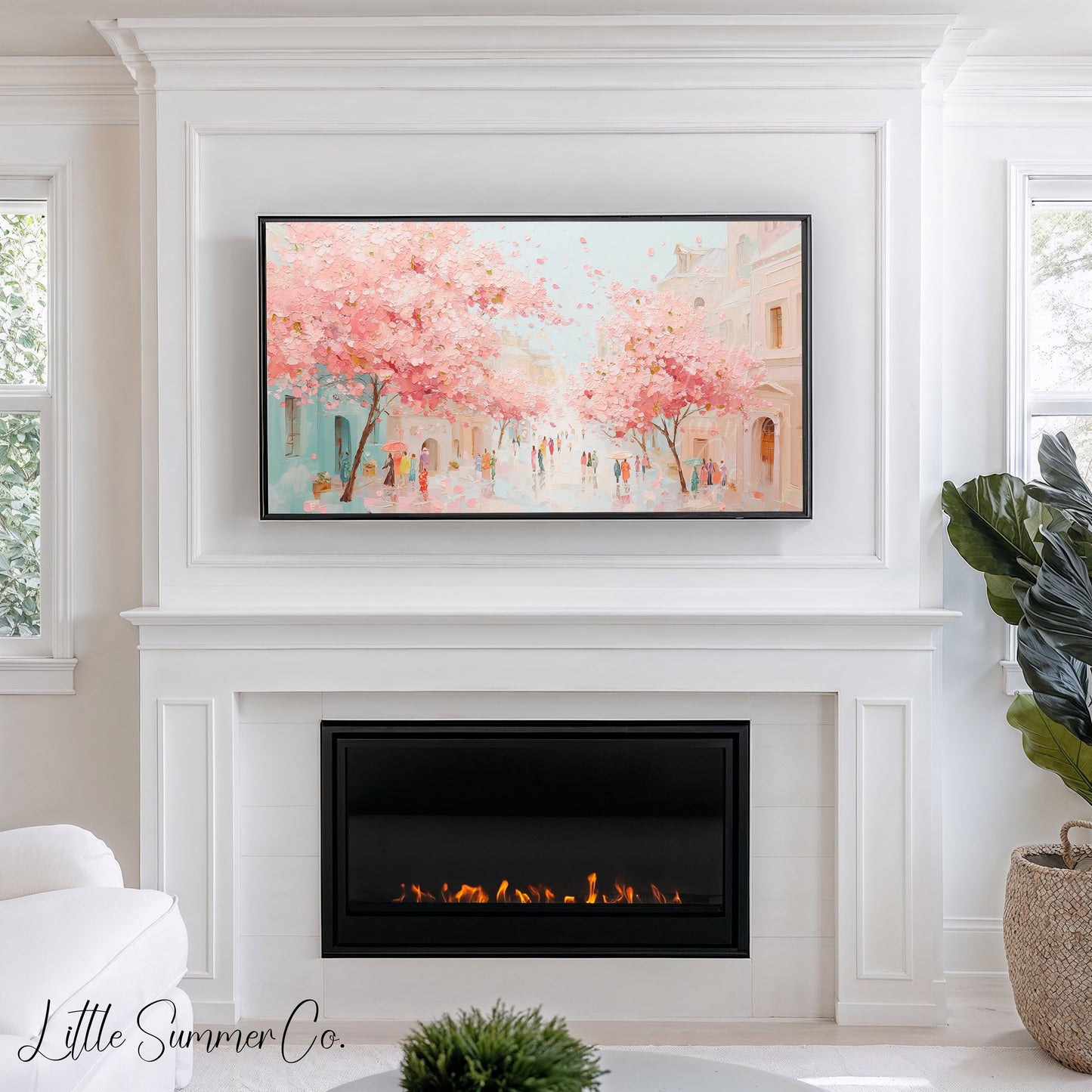 Cherry Blossom Town Street Frame TV Art displayed on a TV