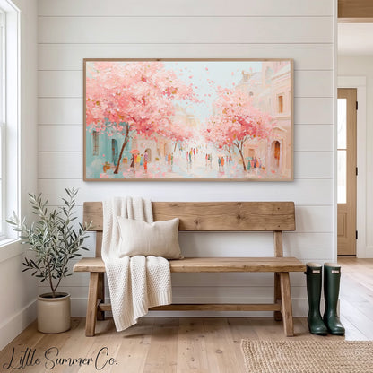Cherry Blossom Town Street Frame TV Art displayed on a TV