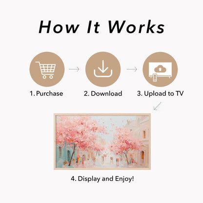 Cherry Blossom Town Street Frame TV Art displayed on a TV