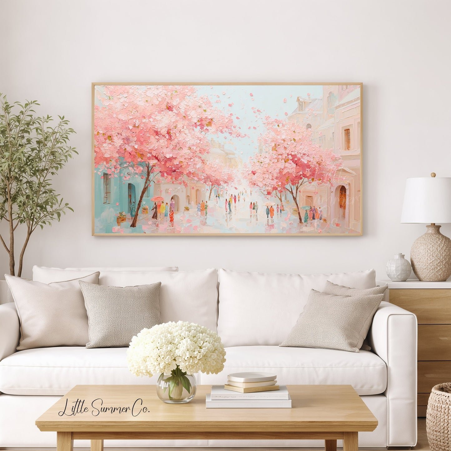 Cherry Blossom Town Street Frame TV Art displayed on a TV