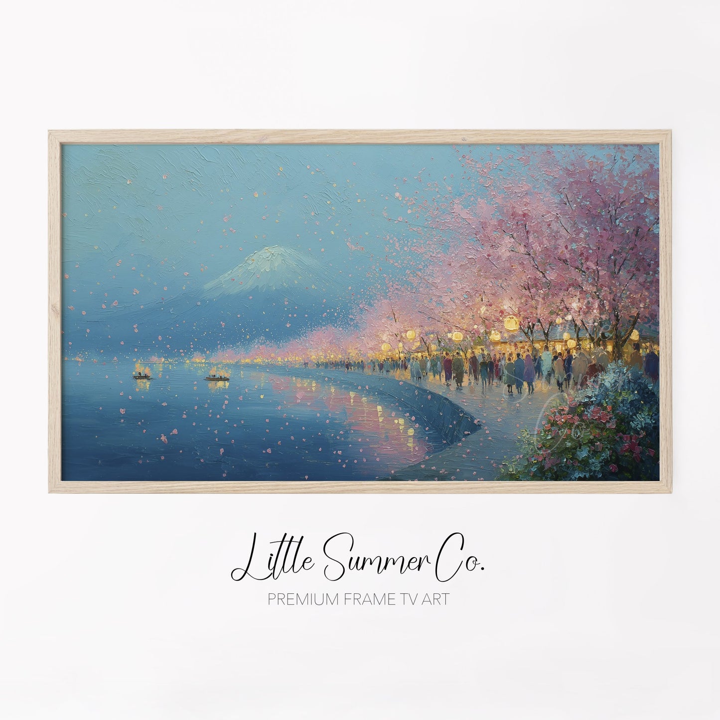 Cherry Blossom Lakeside Evening Frame TV Art displayed on a TV