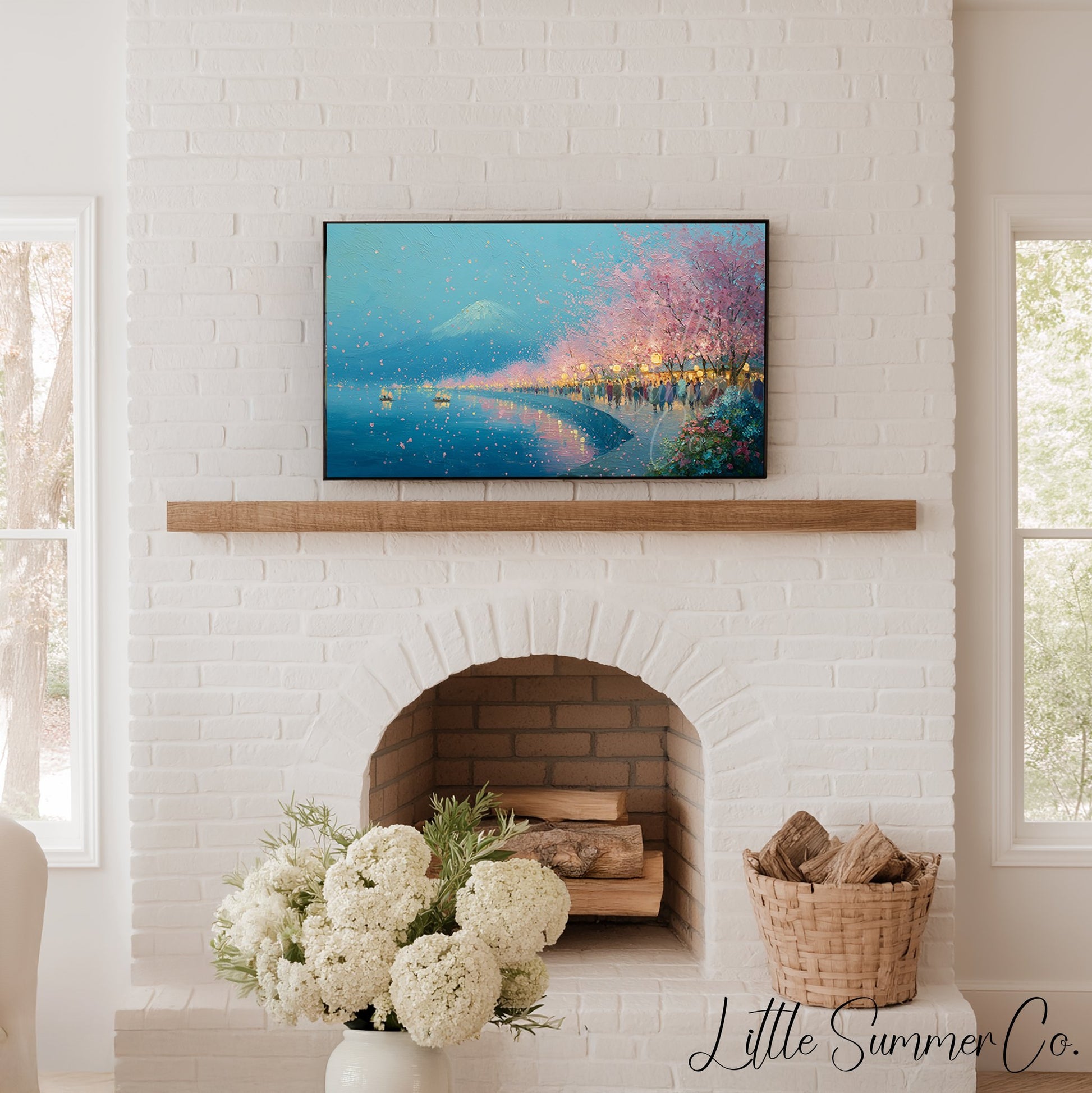 Cherry Blossom Lakeside Evening Frame TV Art displayed on a TV