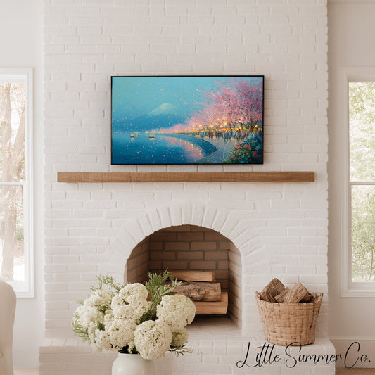 Cherry Blossom Lakeside Evening Frame TV Art displayed on a TV