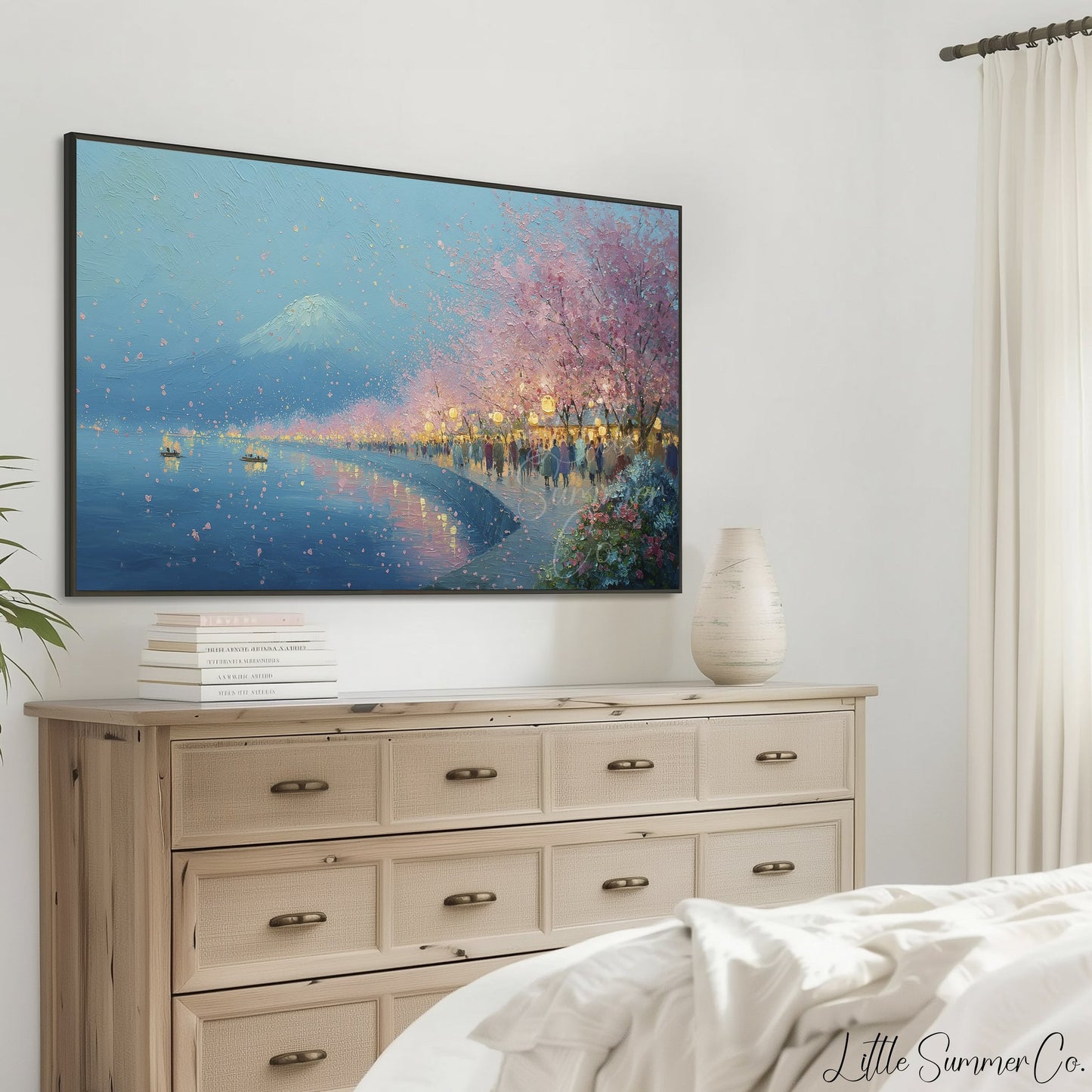 Cherry Blossom Lakeside Evening Frame TV Art displayed on a TV