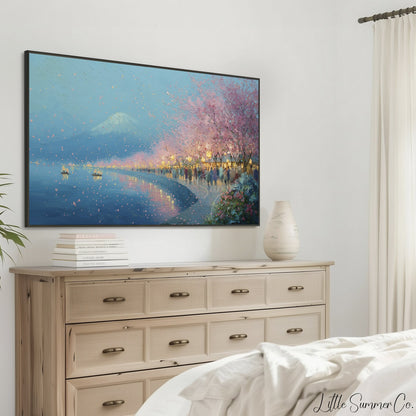 Cherry Blossom Lakeside Evening Frame TV Art displayed on a TV
