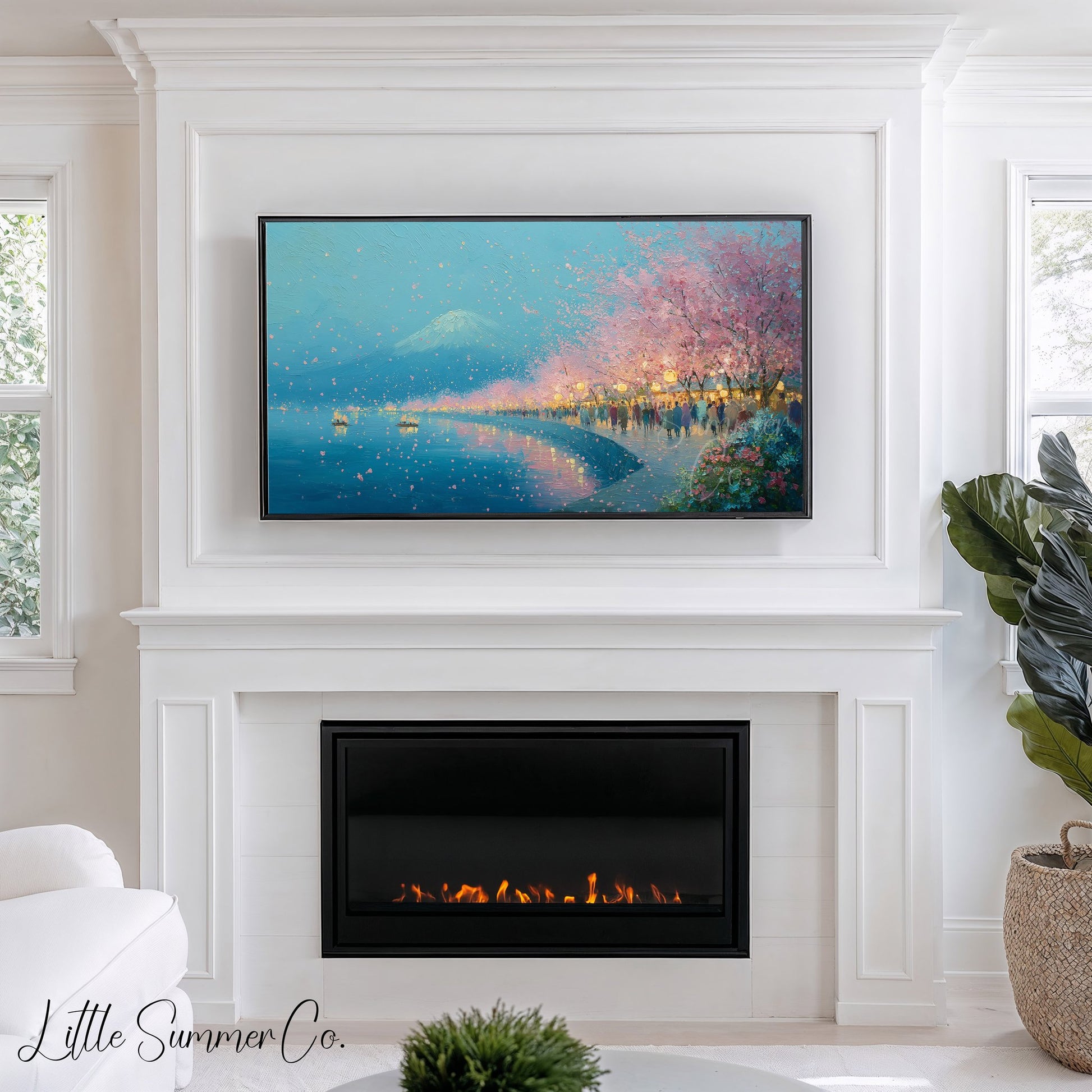 Cherry Blossom Lakeside Evening Frame TV Art displayed on a TV