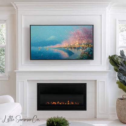 Cherry Blossom Lakeside Evening Frame TV Art displayed on a TV
