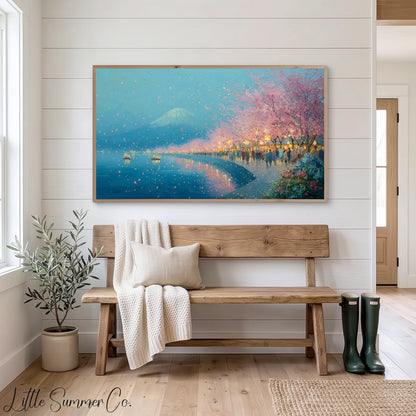 Cherry Blossom Lakeside Evening Frame TV Art displayed on a TV