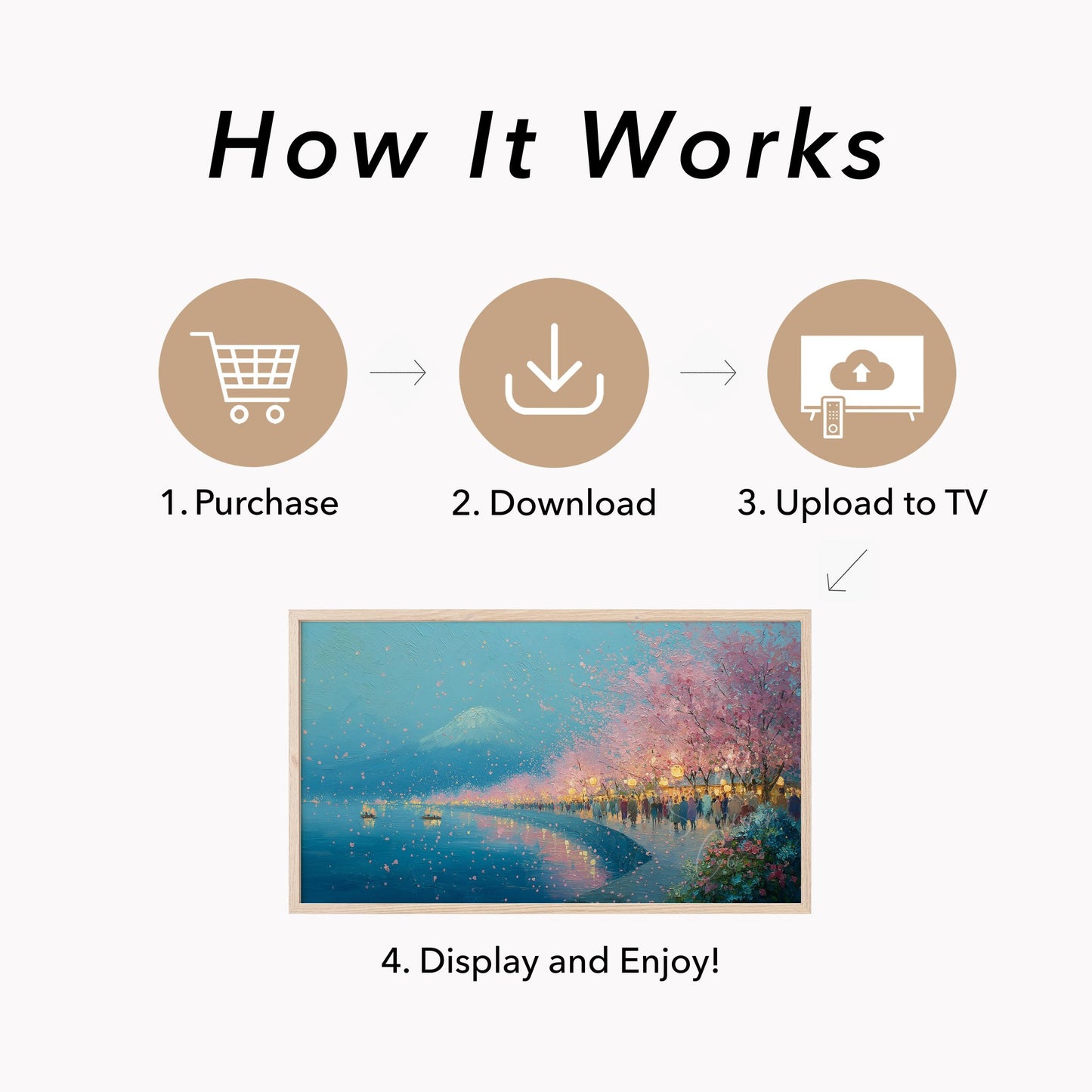 Cherry Blossom Lakeside Evening Frame TV Art displayed on a TV