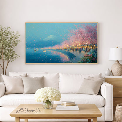 Cherry Blossom Lakeside Evening Frame TV Art displayed on a TV