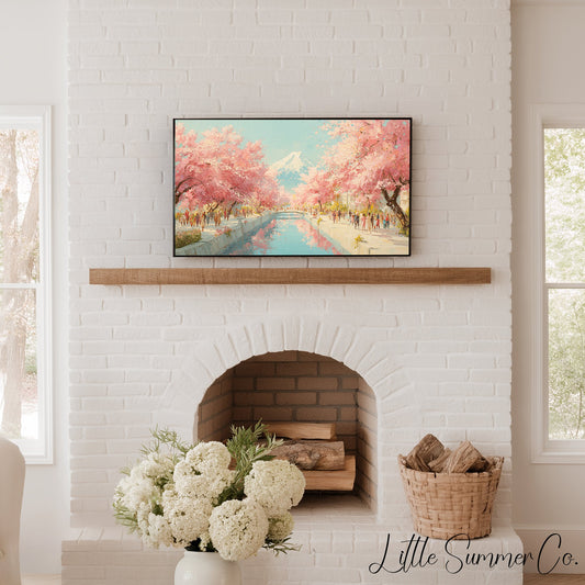 Cherry Blossom Canal Fuji Frame TV Art displayed on a TV