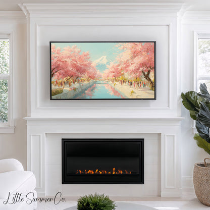 Cherry Blossom Canal Fuji Frame TV Art displayed on a TV