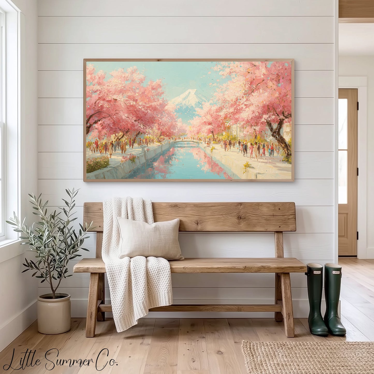 Cherry Blossom Canal Fuji Frame TV Art displayed on a TV