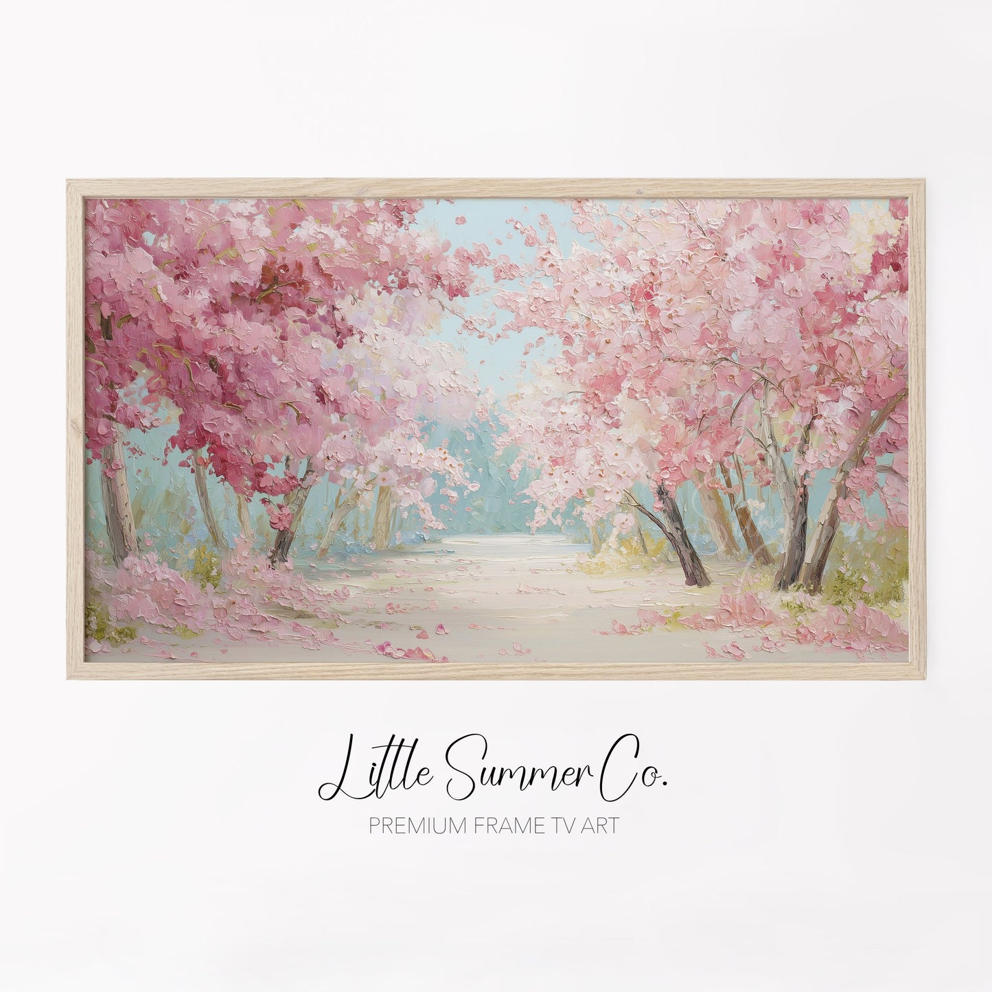 Cherry Blossom Tree Lined Path Frame TV Art displayed on a TV