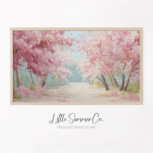 Cherry Blossom Tree Lined Path Frame TV Art displayed on a TV