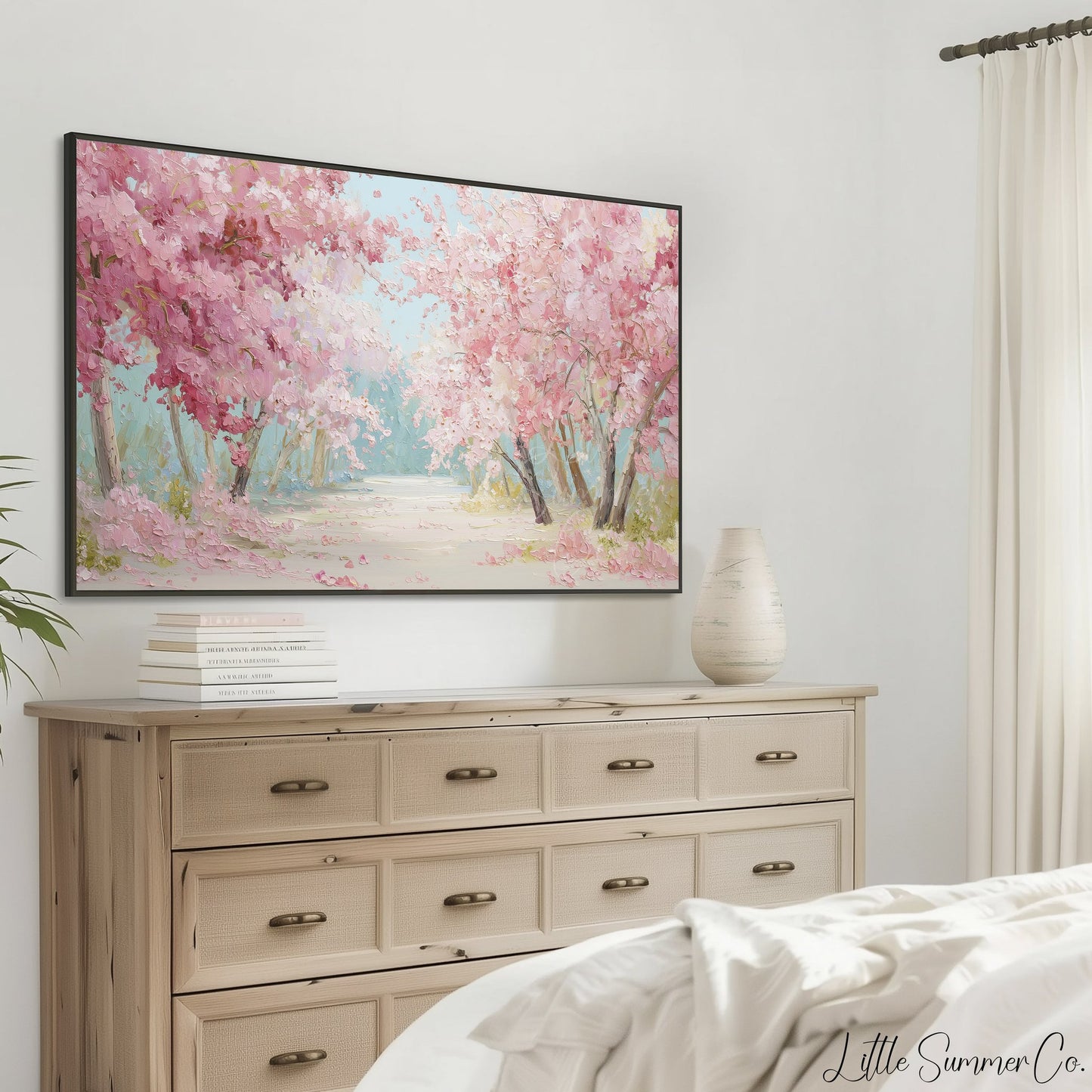 Cherry Blossom Tree Lined Path Frame TV Art displayed on a TV