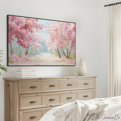 Cherry Blossom Tree Lined Path Frame TV Art displayed on a TV