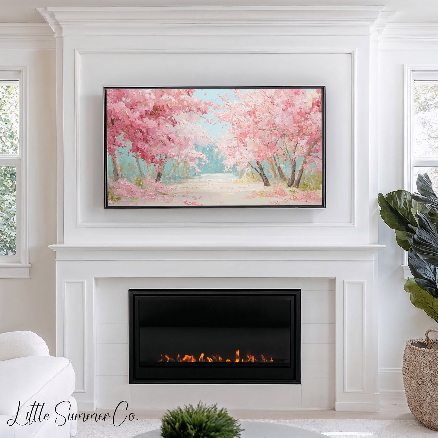 Cherry Blossom Tree Lined Path Frame TV Art displayed on a TV