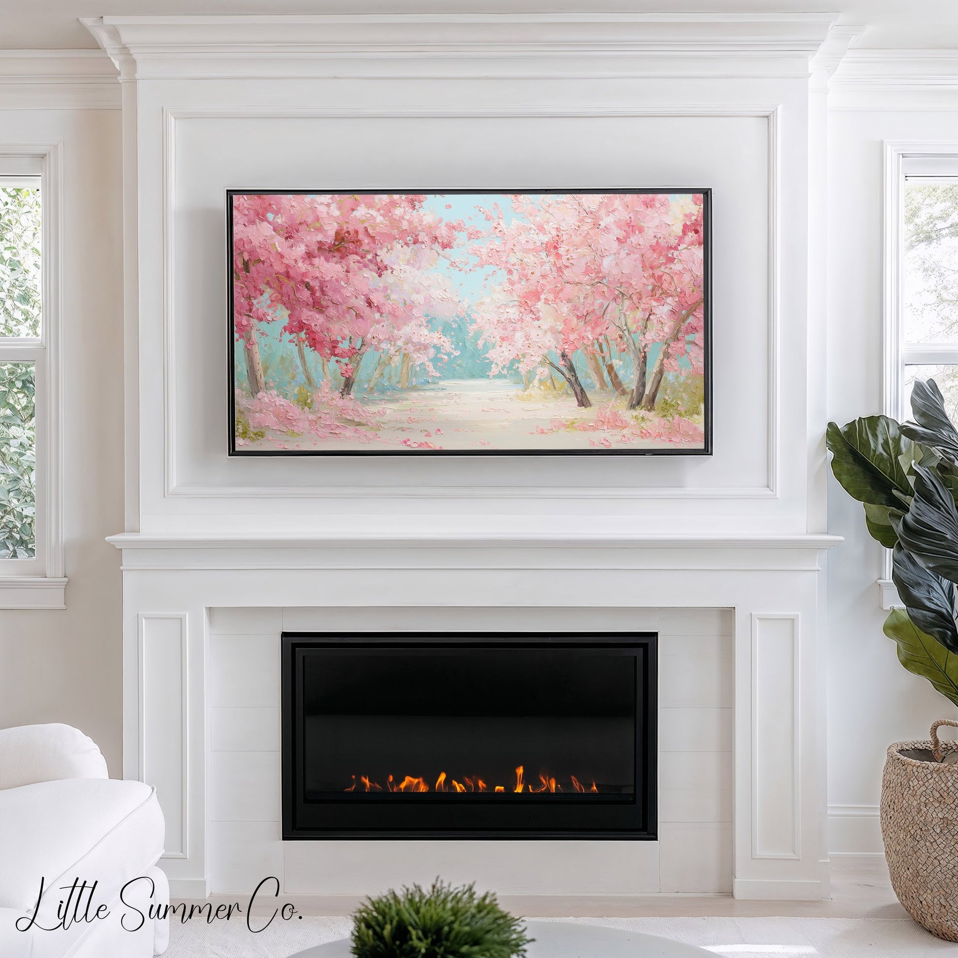 Cherry Blossom Tree Lined Path Frame TV Art displayed on a TV