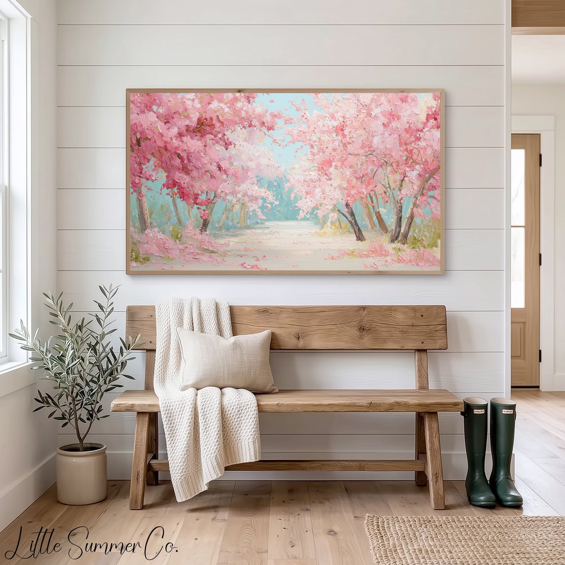 Cherry Blossom Tree Lined Path Frame TV Art displayed on a TV