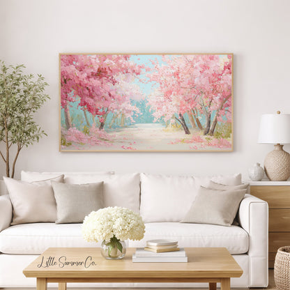 Cherry Blossom Tree Lined Path Frame TV Art displayed on a TV