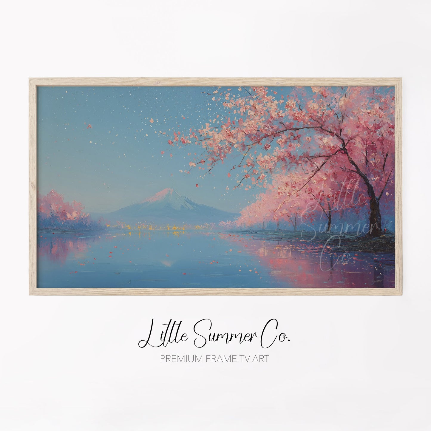 Cherry Blossom Lake Fuji Frame TV Art displayed on a TV