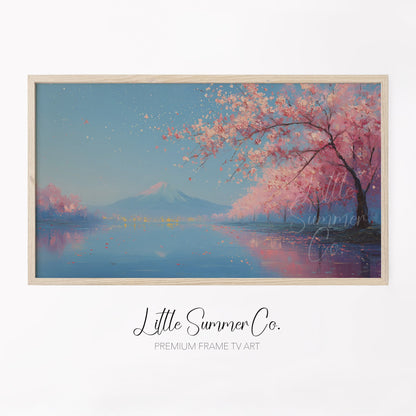 Cherry Blossom Lake Fuji Frame TV Art displayed on a TV