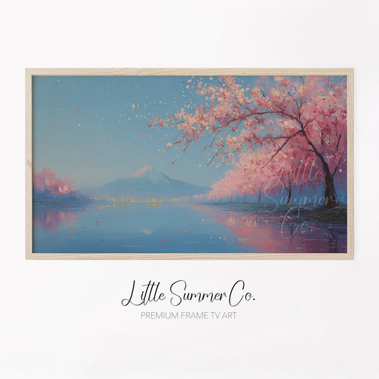Cherry Blossom Lake Fuji Frame TV Art displayed on a TV
