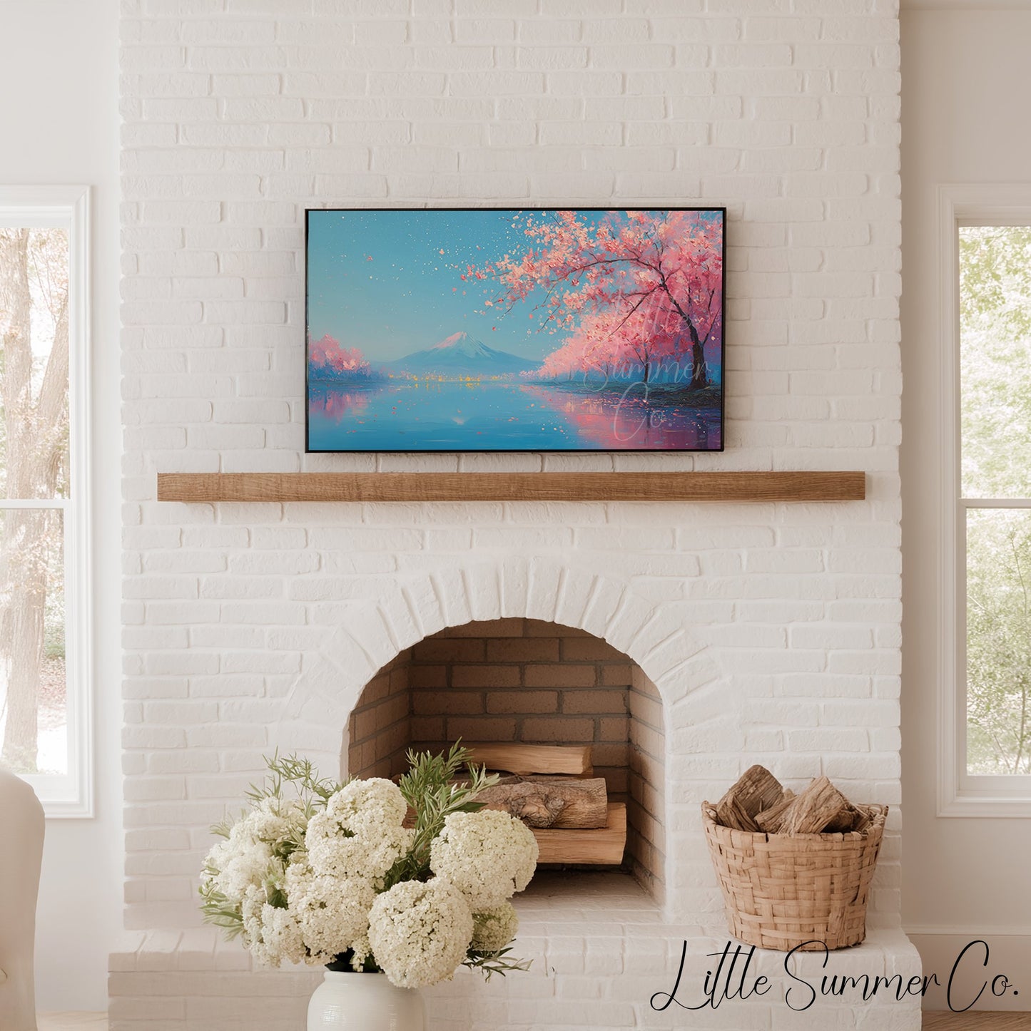Cherry Blossom Lake Fuji Frame TV Art displayed on a TV
