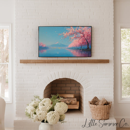 Cherry Blossom Lake Fuji Frame TV Art displayed on a TV