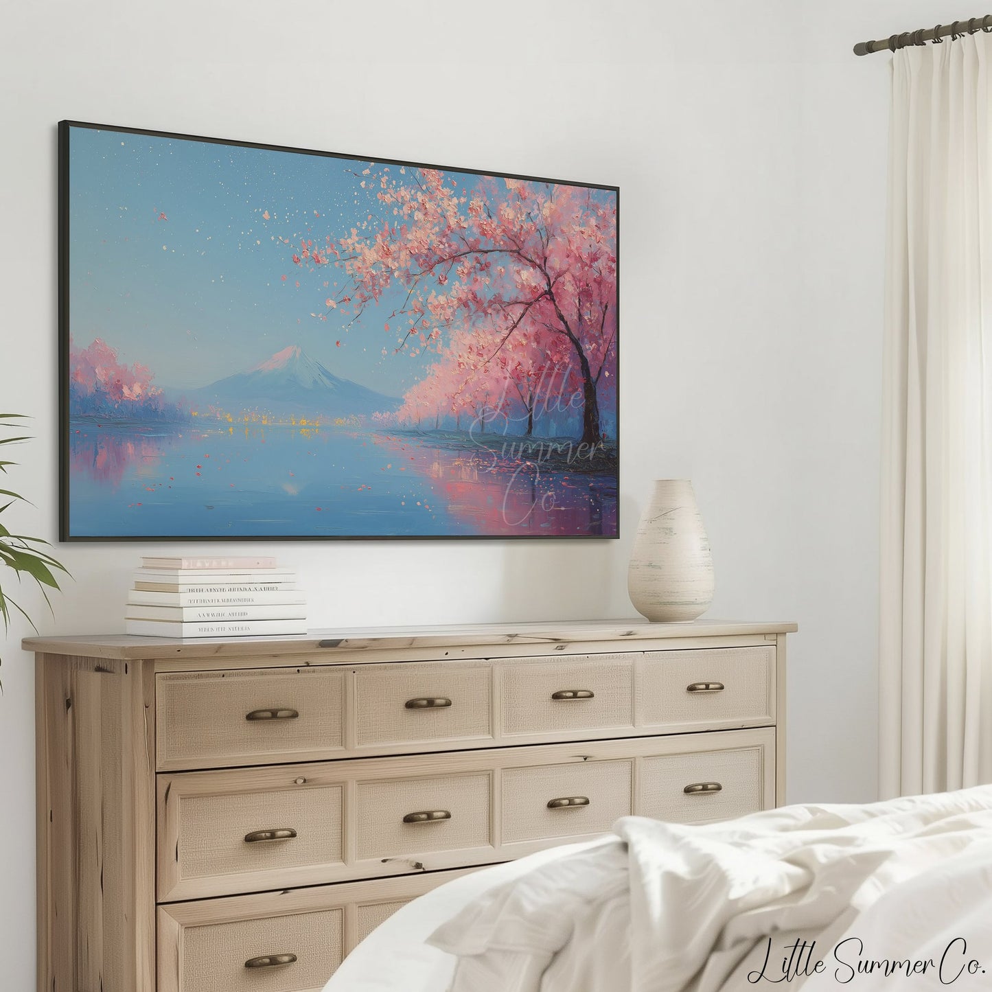 Cherry Blossom Lake Fuji Frame TV Art displayed on a TV