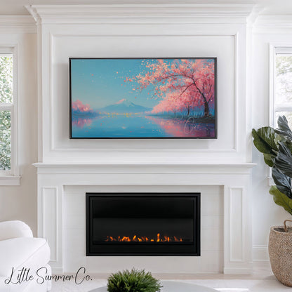 Cherry Blossom Lake Fuji Frame TV Art displayed on a TV