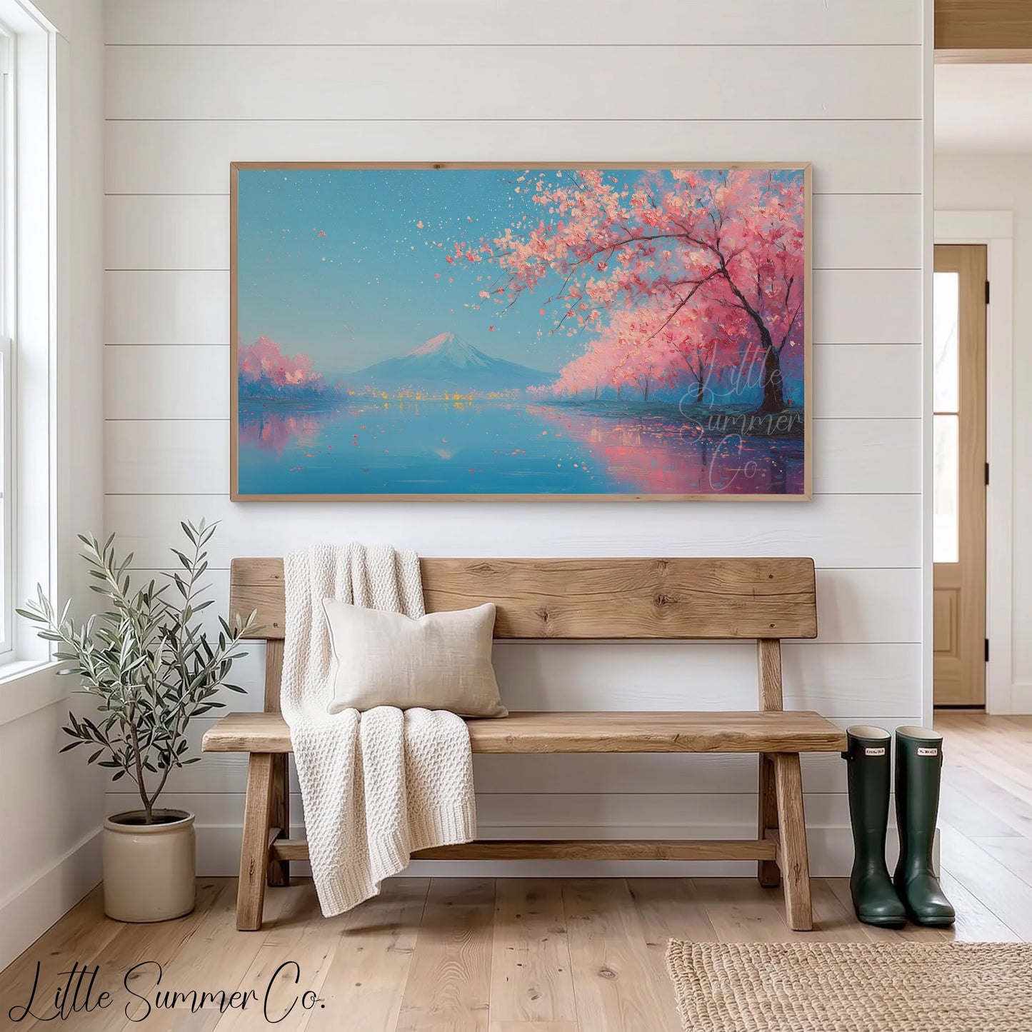 Cherry Blossom Lake Fuji Frame TV Art displayed on a TV
