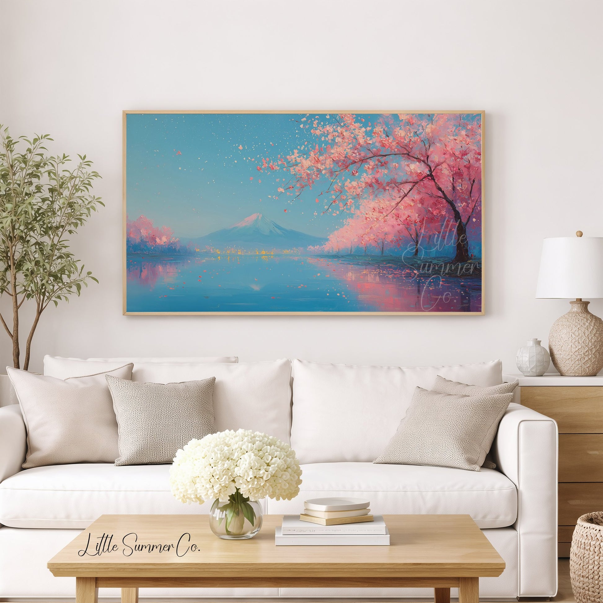 Cherry Blossom Lake Fuji Frame TV Art displayed on a TV