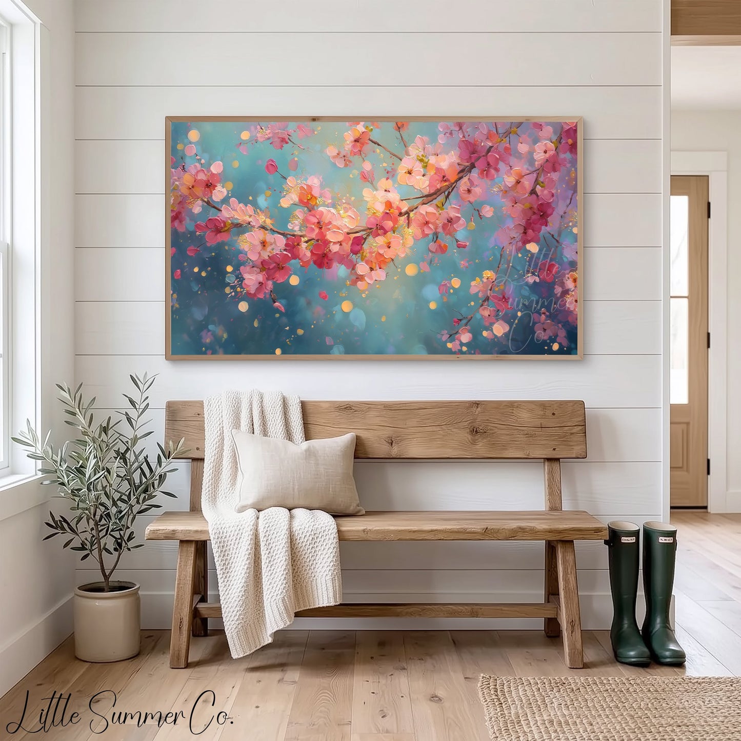 Cherry Blossom Branches Close Up Frame TV Art displayed on a TV