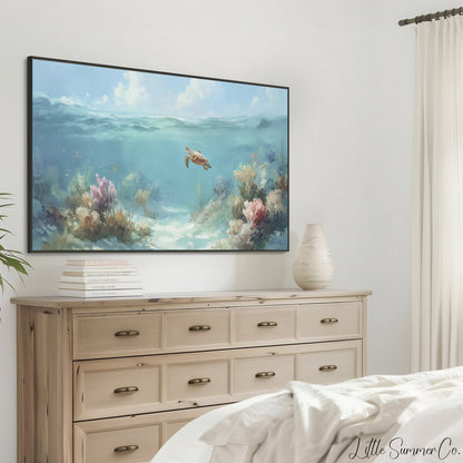 Sea Turtle Frame TV Art displayed on a TV
