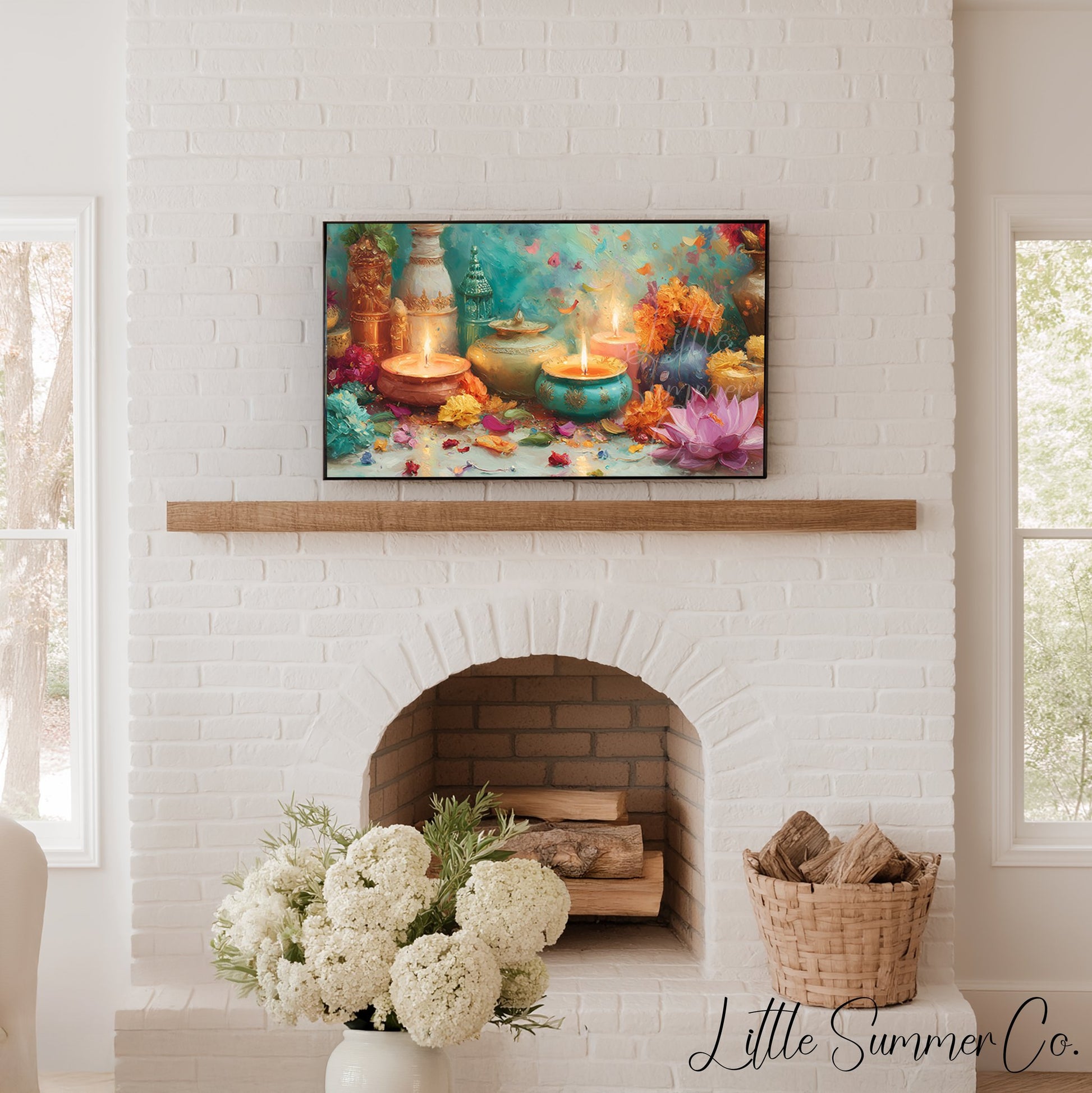Diwali Diyas and Lotus Frame TV Art displayed on a TV