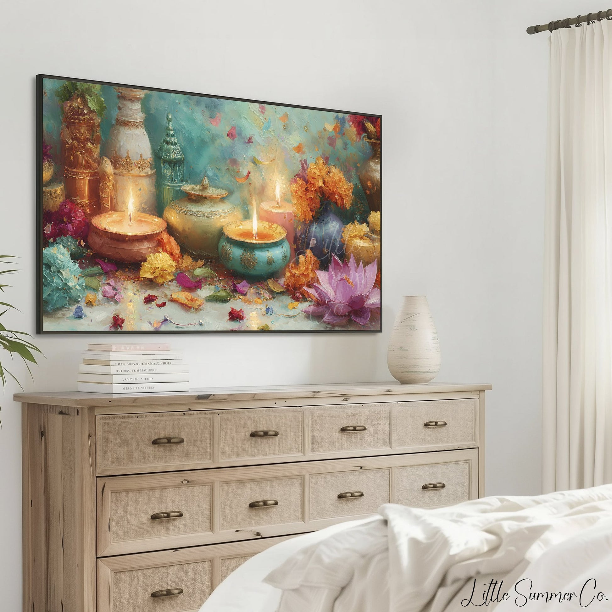 Diwali Diyas and Lotus Frame TV Art displayed on a TV