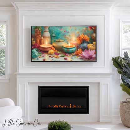 Diwali Diyas and Lotus Frame TV Art displayed on a TV