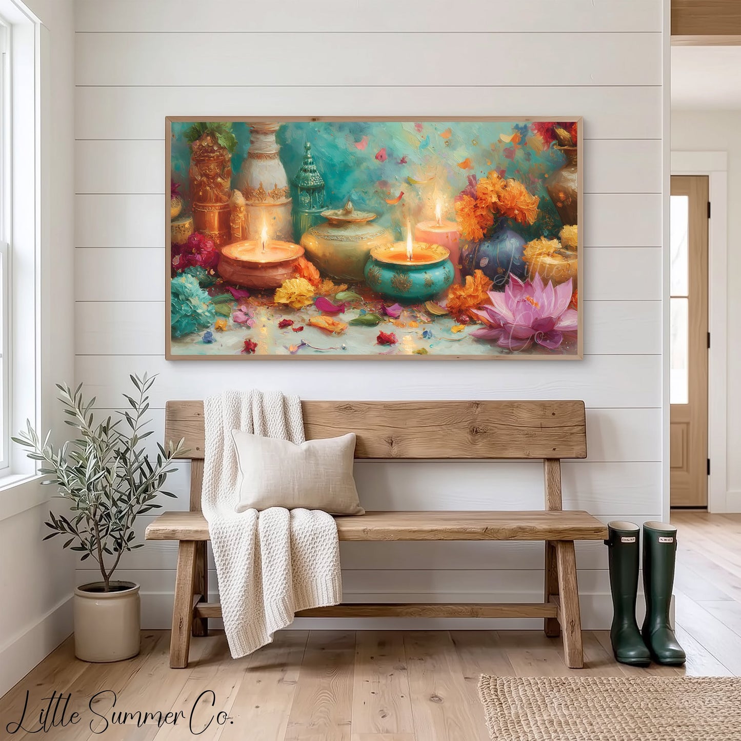 Diwali Diyas and Lotus Frame TV Art displayed on a TV