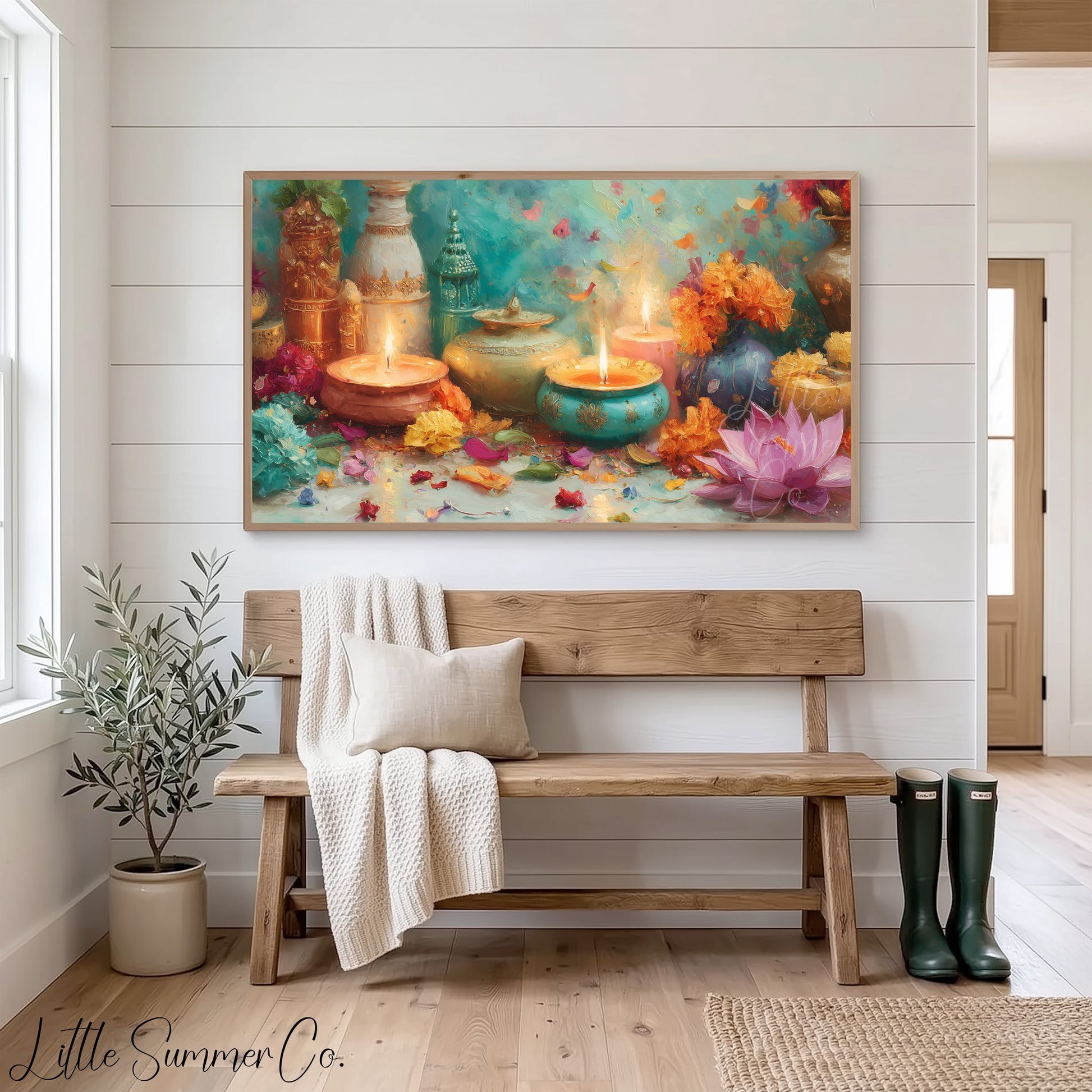 Diwali Diyas and Lotus Frame TV Art displayed on a TV