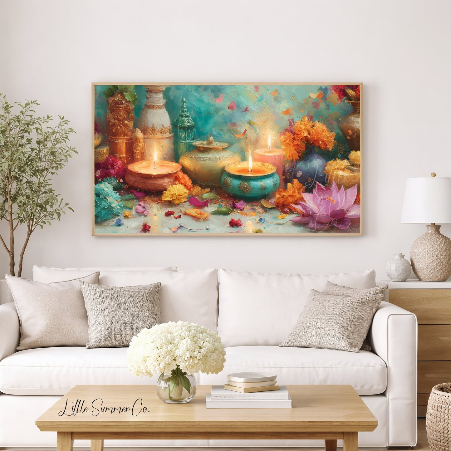 Diwali Diyas and Lotus Frame TV Art displayed on a TV