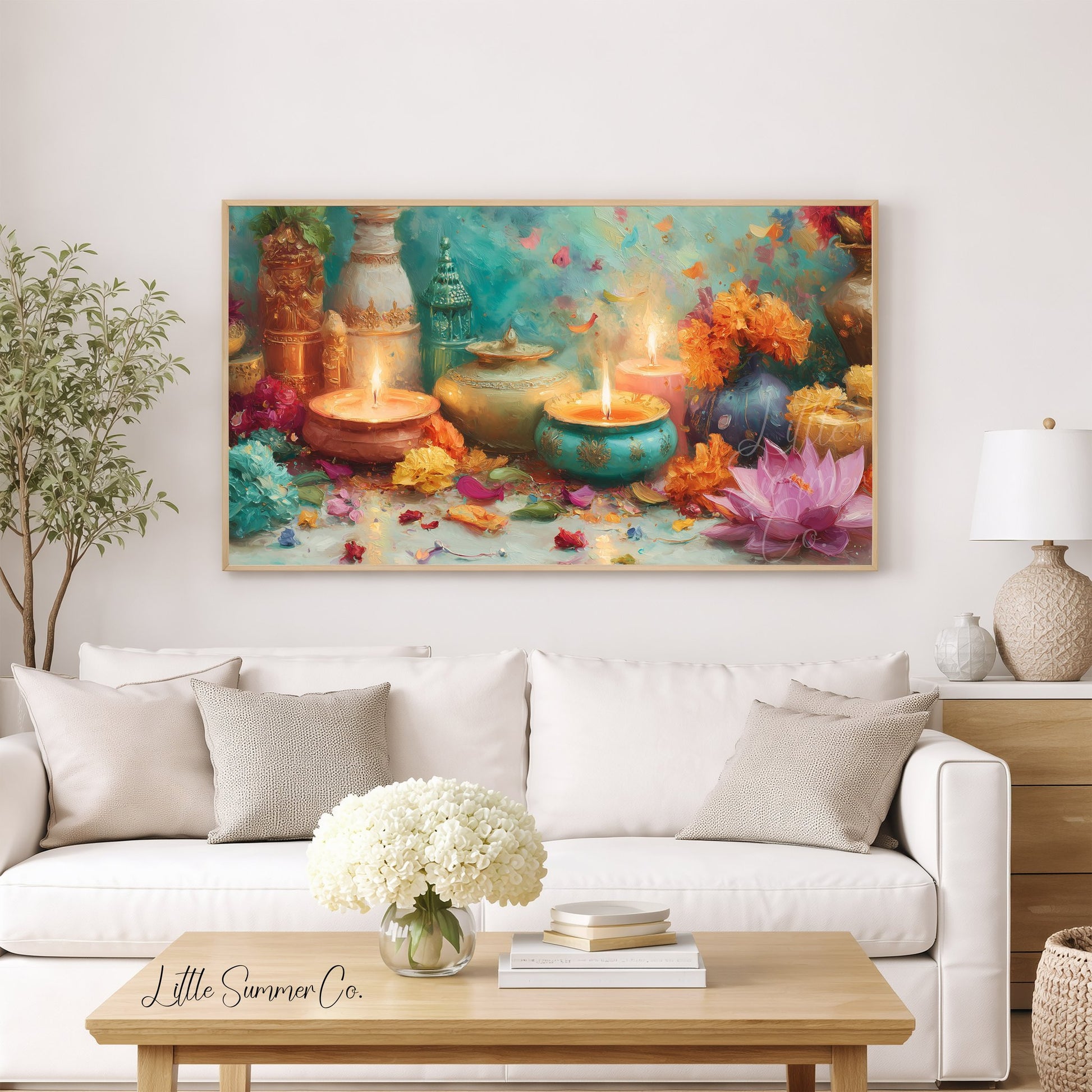 Diwali Diyas and Lotus Frame TV Art displayed on a TV