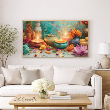 Diwali Diyas and Lotus Frame TV Art displayed on a TV