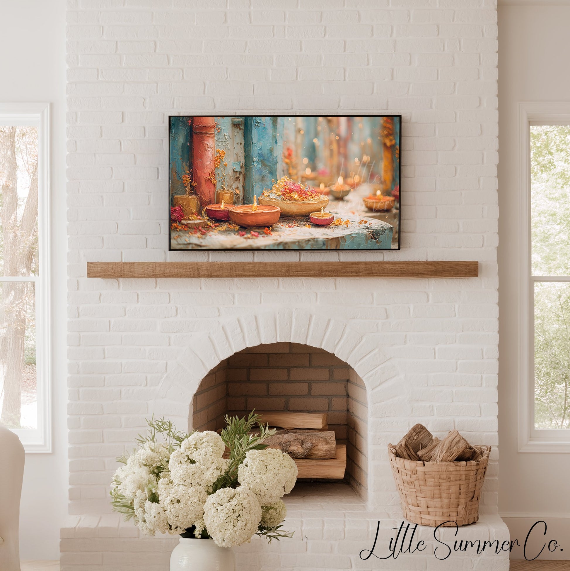 Diwali Diyas Stone Ledge Frame TV Art displayed on a TV