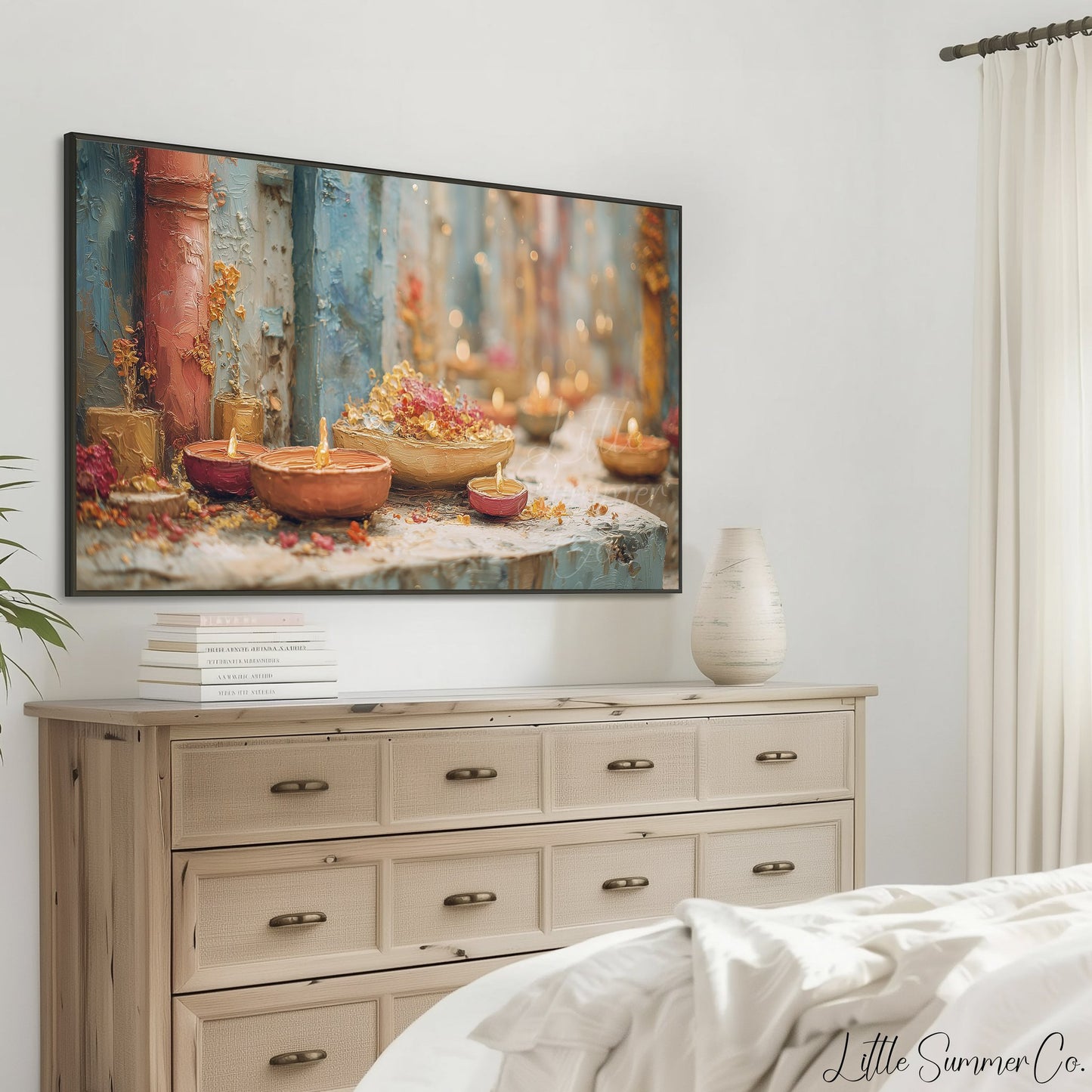 Diwali Diyas Stone Ledge Frame TV Art displayed on a TV