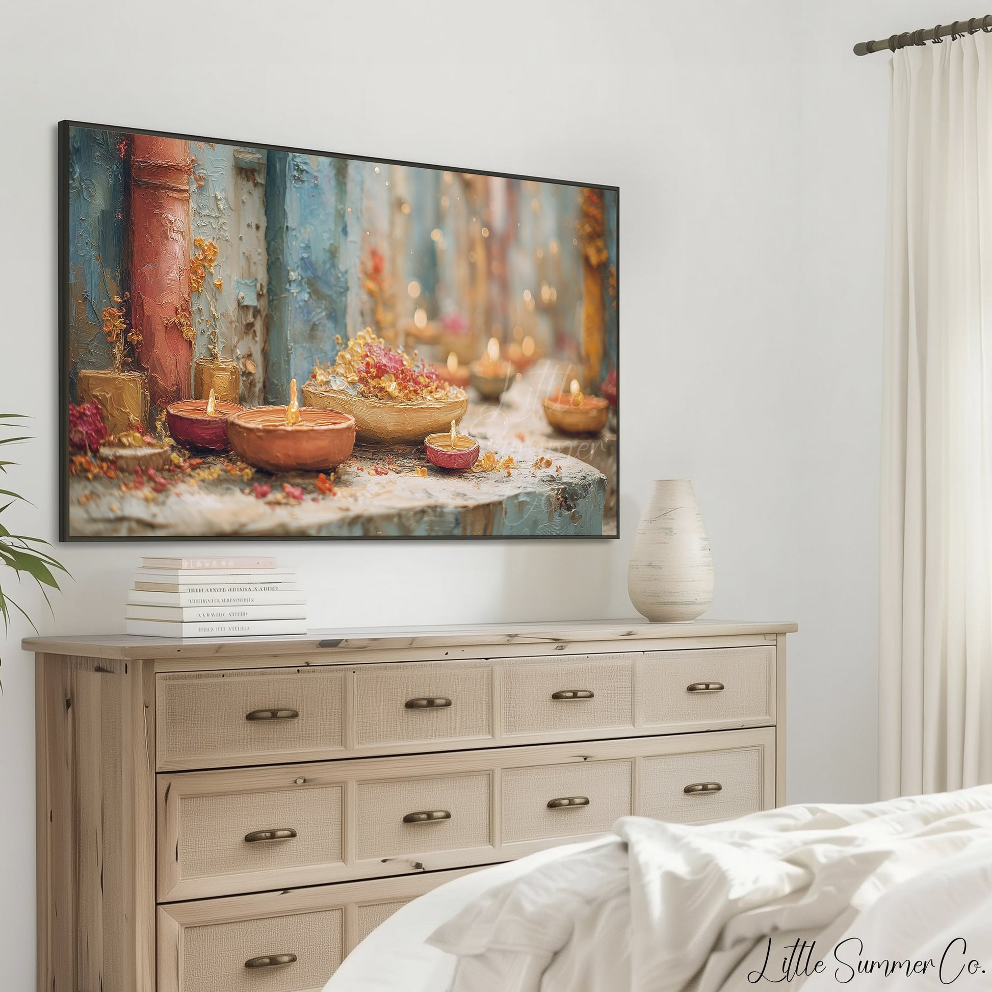 Diwali Diyas Stone Ledge Frame TV Art displayed on a TV