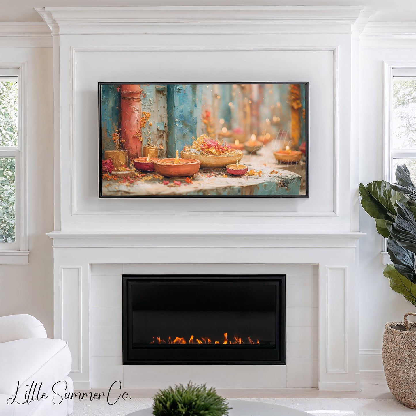 Diwali Diyas Stone Ledge Frame TV Art displayed on a TV