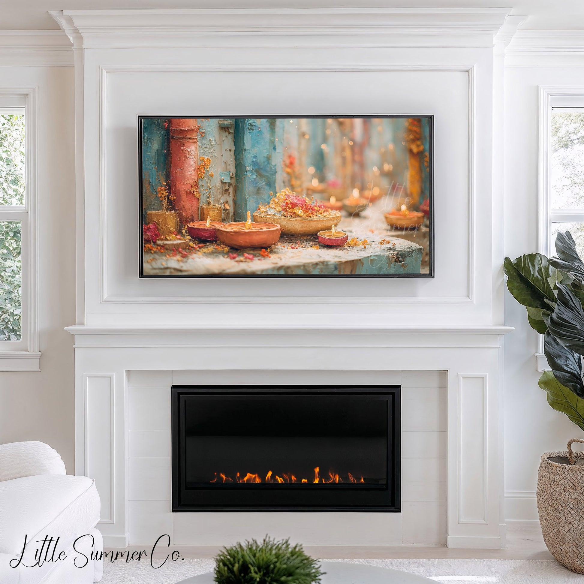 Diwali Diyas Stone Ledge Frame TV Art displayed on a TV