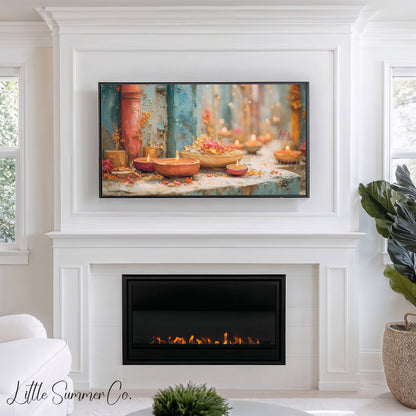 Diwali Diyas Stone Ledge Frame TV Art displayed on a TV